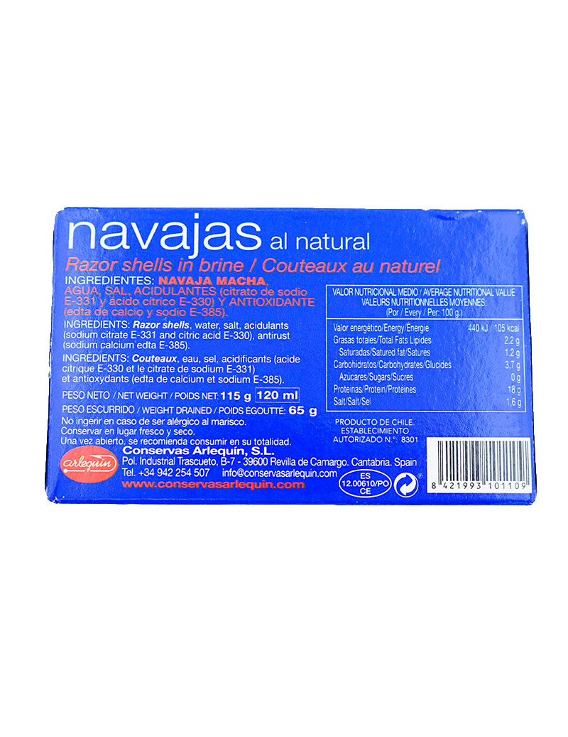 Navajas al natural Lata 120 gr. Arlequín