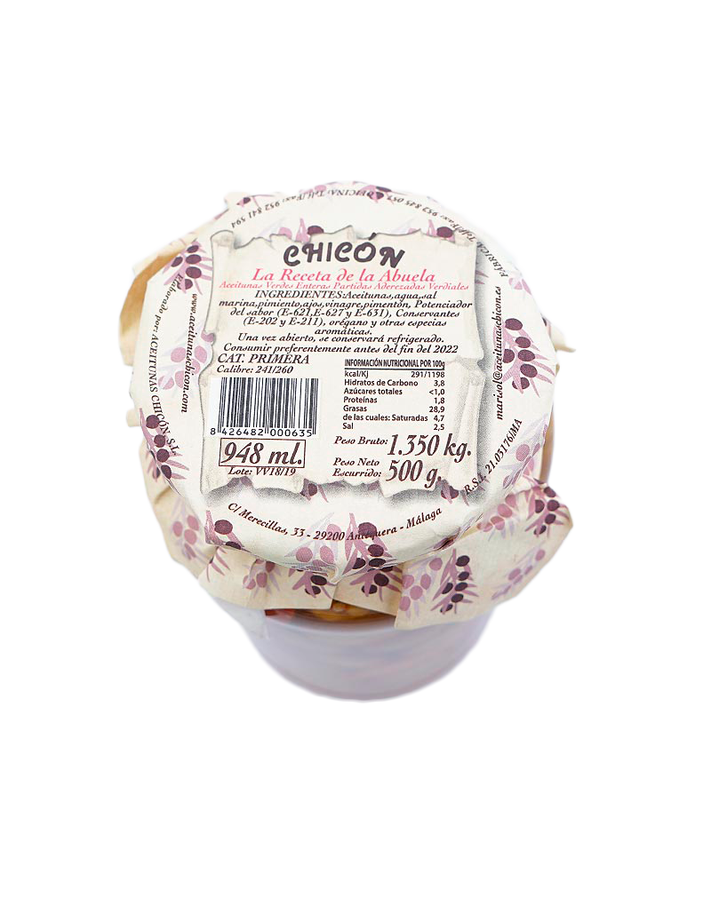 Aceitunas Chicón, tapa del envase